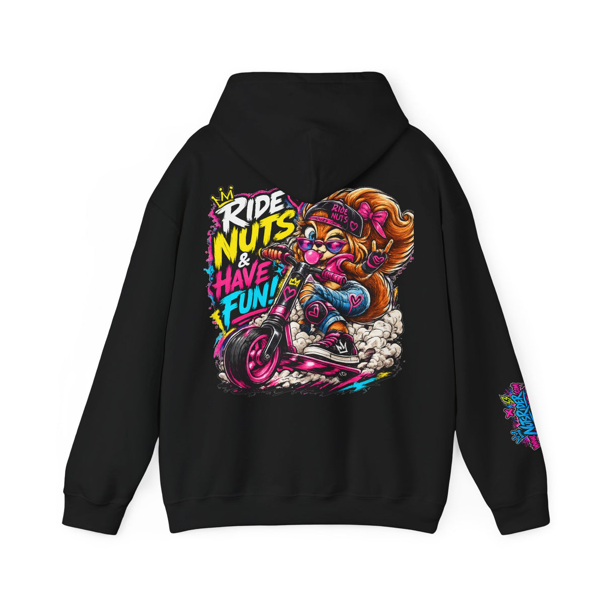 Ride Nuts Hoodie — Retro Graffiti Motorcycle Cartoon Pullover ("Ride Nuts Have Fun")