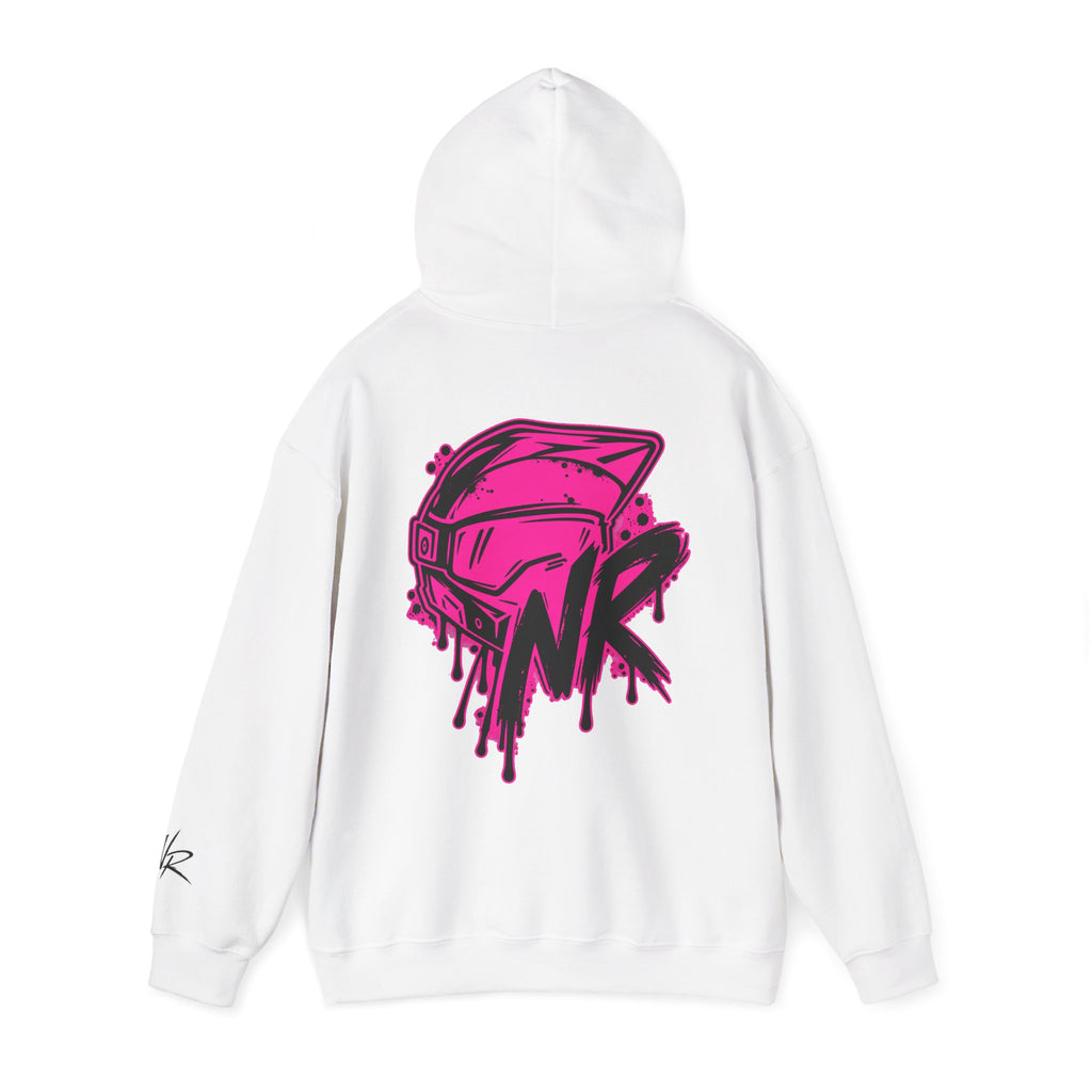 NK Pink Drip Helmet Hoodie — Streetwear Graphic Pullover