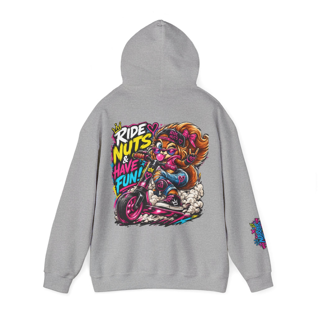 Ride Nuts Hoodie — Retro Graffiti Motorcycle Cartoon Pullover ("Ride Nuts Have Fun")