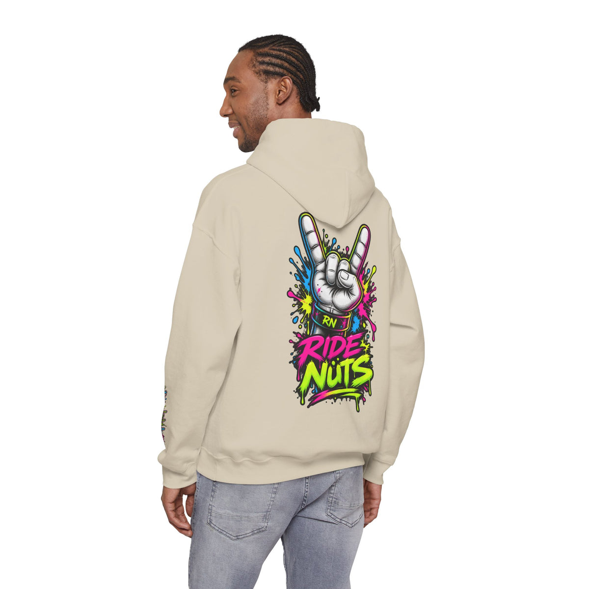 Ride Nuts Graphic Hoodie — Colorful Rock Hand Skull Moto Pullover