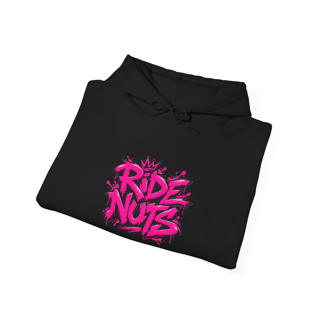 Ride Nuts Hoodie — Retro Graffiti Motorcycle Cartoon Pullover ("Ride Nuts Have Fun")