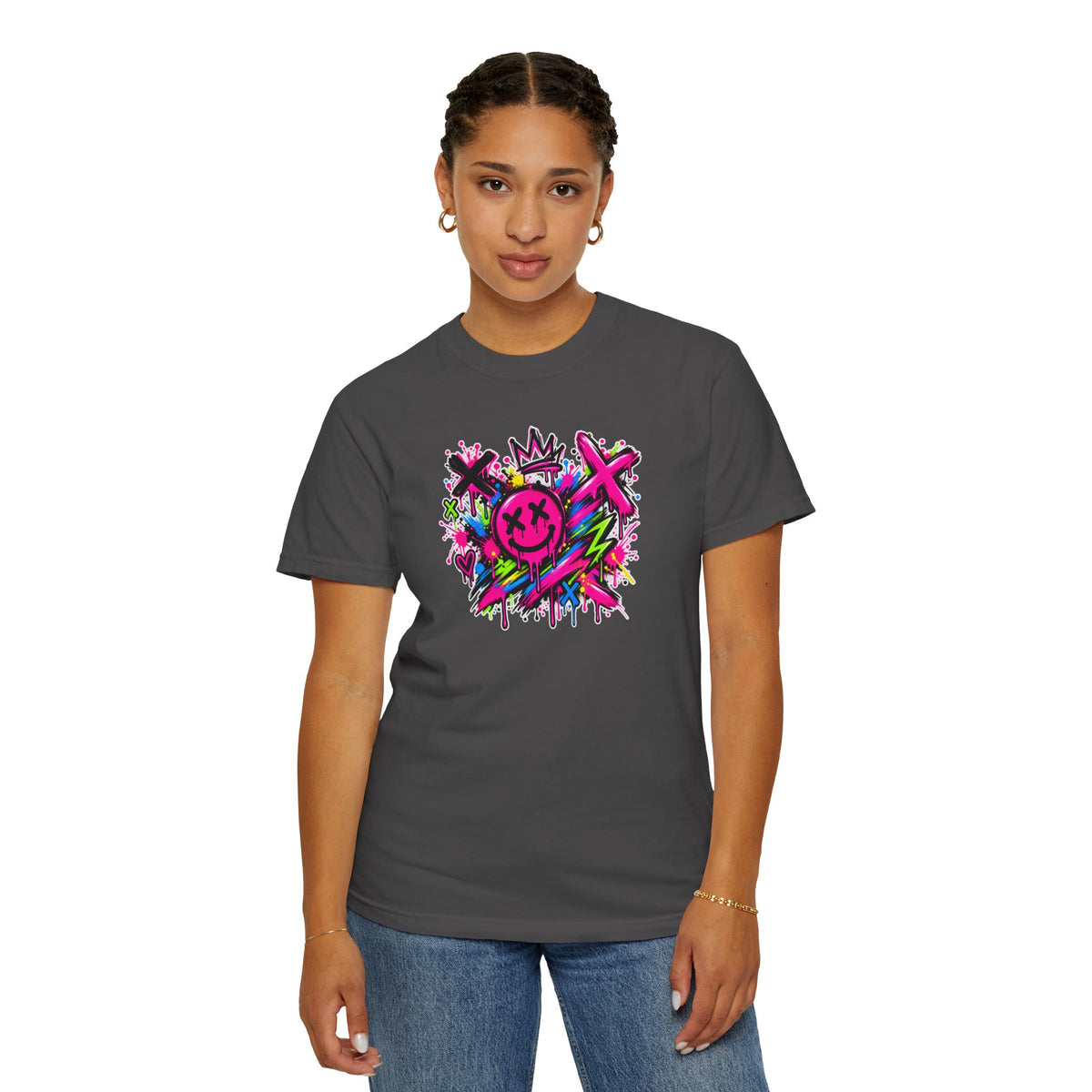 Graffiti Smiley T-Shirt — Neon Street Art Graphic Tee