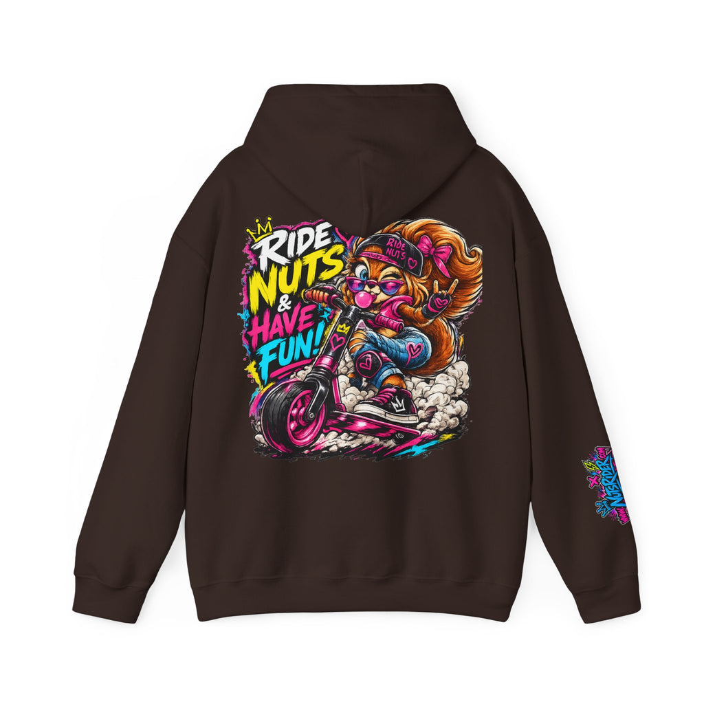 Ride Nuts Hoodie — Retro Graffiti Motorcycle Cartoon Pullover ("Ride Nuts Have Fun")