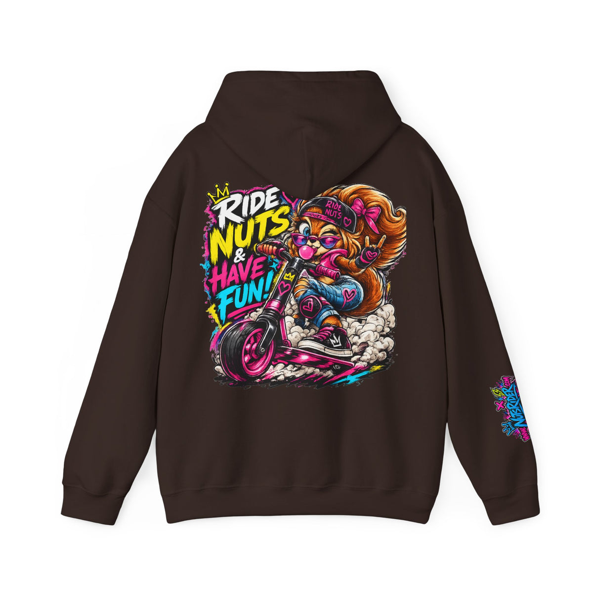 Ride Nuts Hoodie — Retro Graffiti Motorcycle Cartoon Pullover ("Ride Nuts Have Fun")