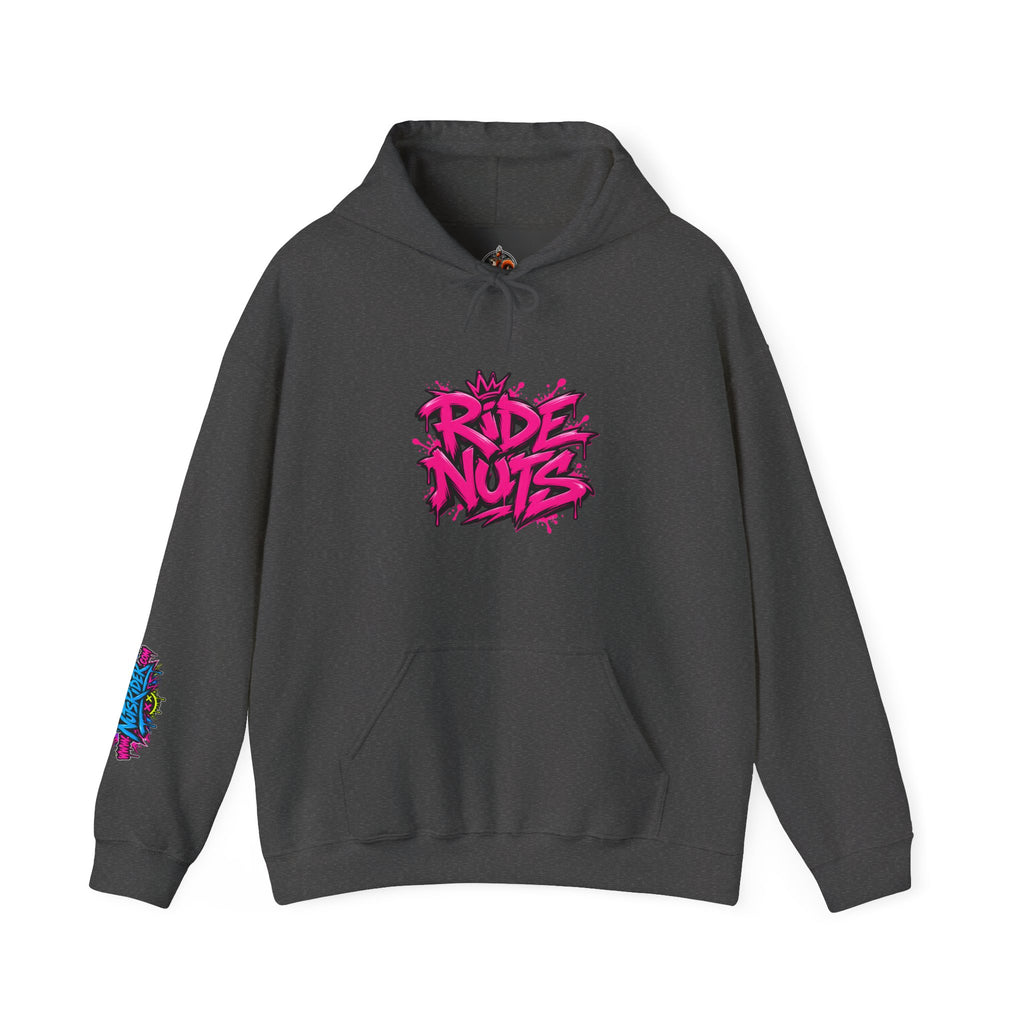 Ride Nuts Hoodie — Retro Graffiti Motorcycle Cartoon Pullover ("Ride Nuts Have Fun")