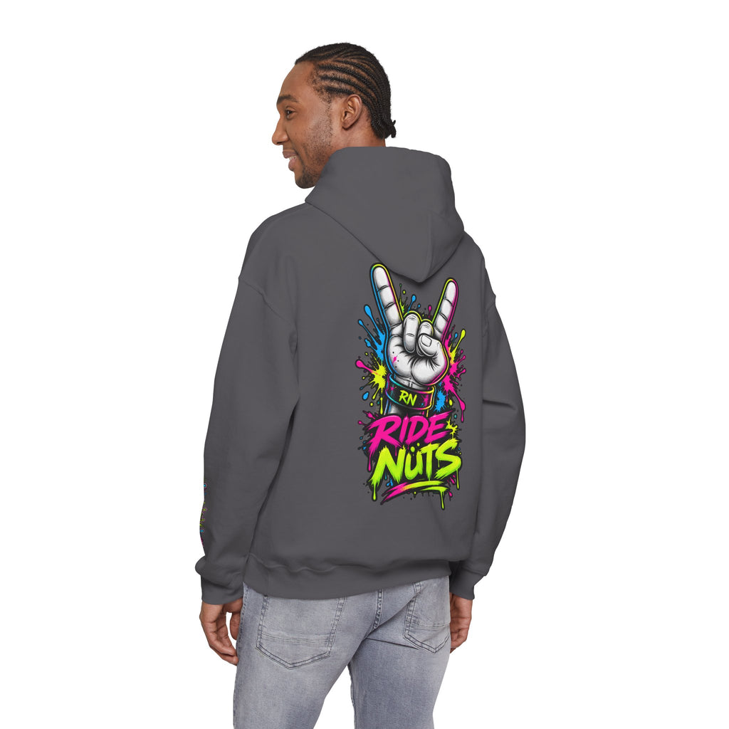 Ride Nuts Graphic Hoodie — Colorful Rock Hand Skull Moto Pullover