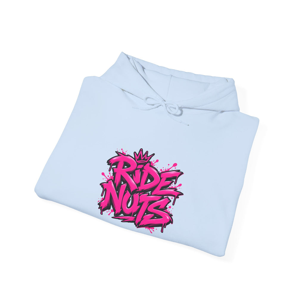 Ride Nuts Hoodie — Retro Graffiti Motorcycle Cartoon Pullover ("Ride Nuts Have Fun")