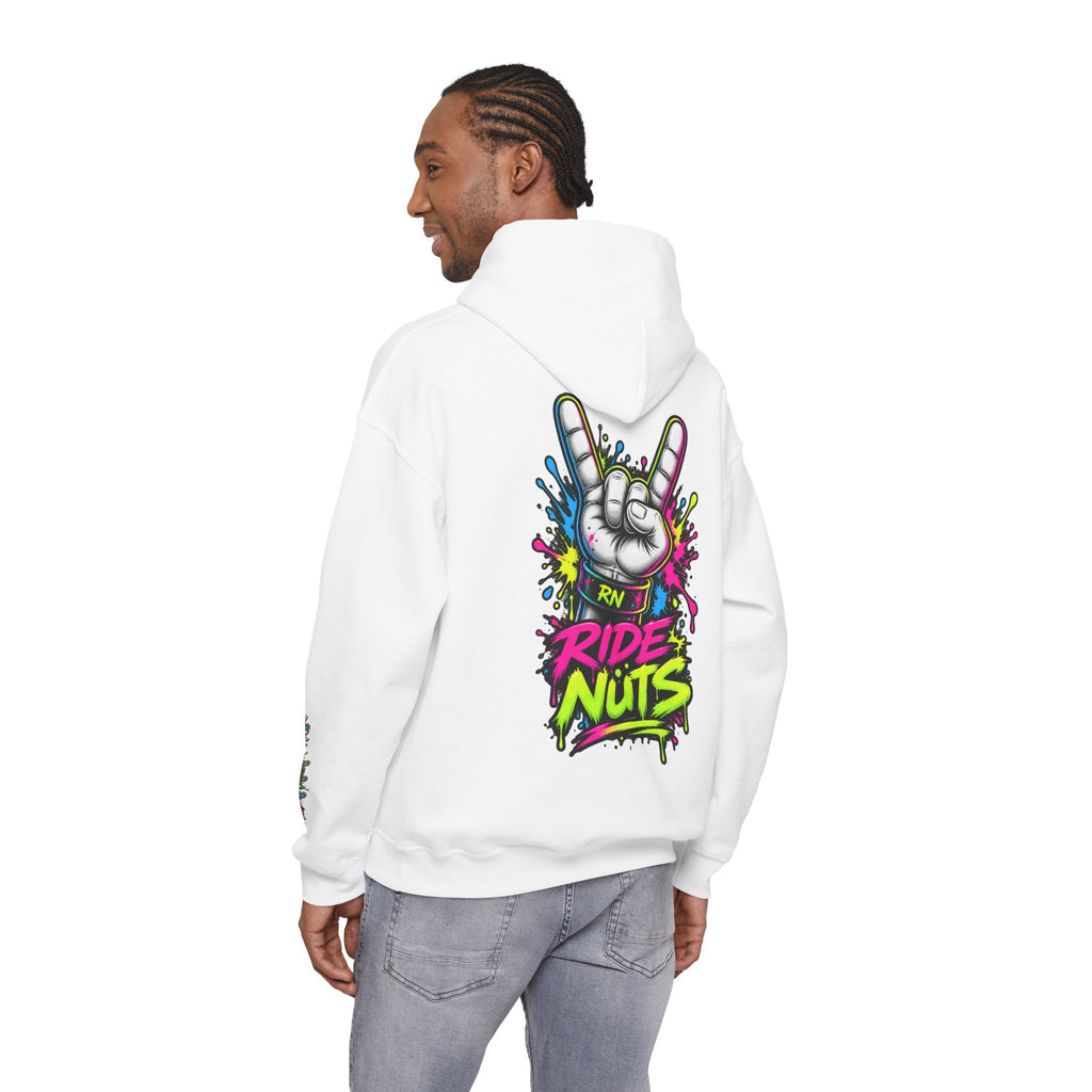 Ride Nuts Graphic Hoodie — Colorful Rock Hand Skull Moto Pullover