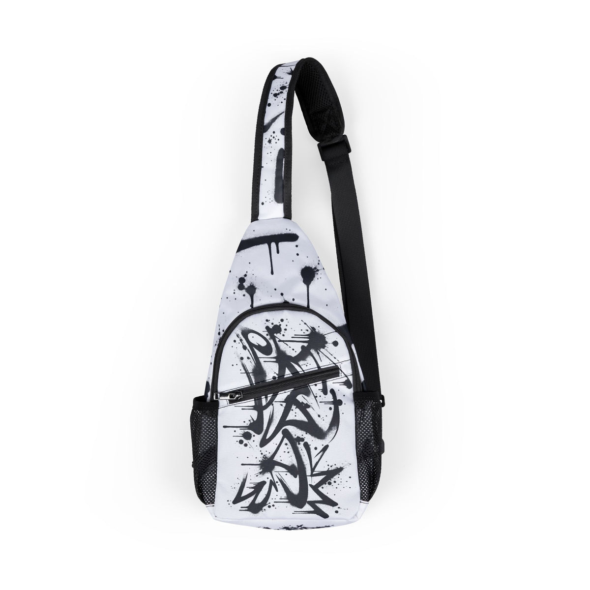 Graffiti Print Chest Bag — Urban Sling Bag with Black Spray-Paint Design