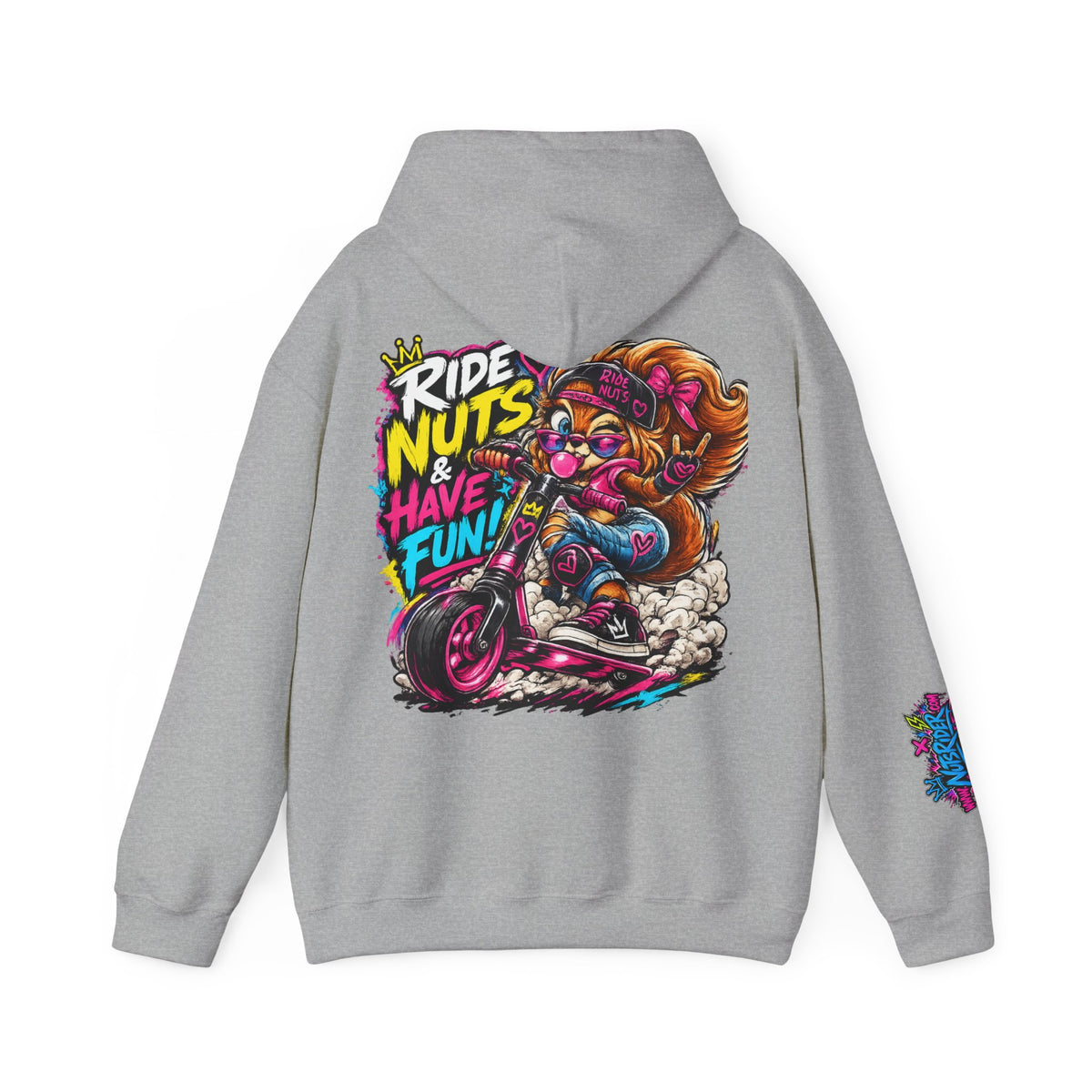 Ride Nuts Hoodie — Retro Graffiti Motorcycle Cartoon Pullover ("Ride Nuts Have Fun")