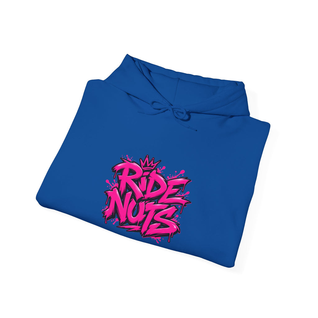 Ride Nuts Hoodie — Retro Graffiti Motorcycle Cartoon Pullover ("Ride Nuts Have Fun")