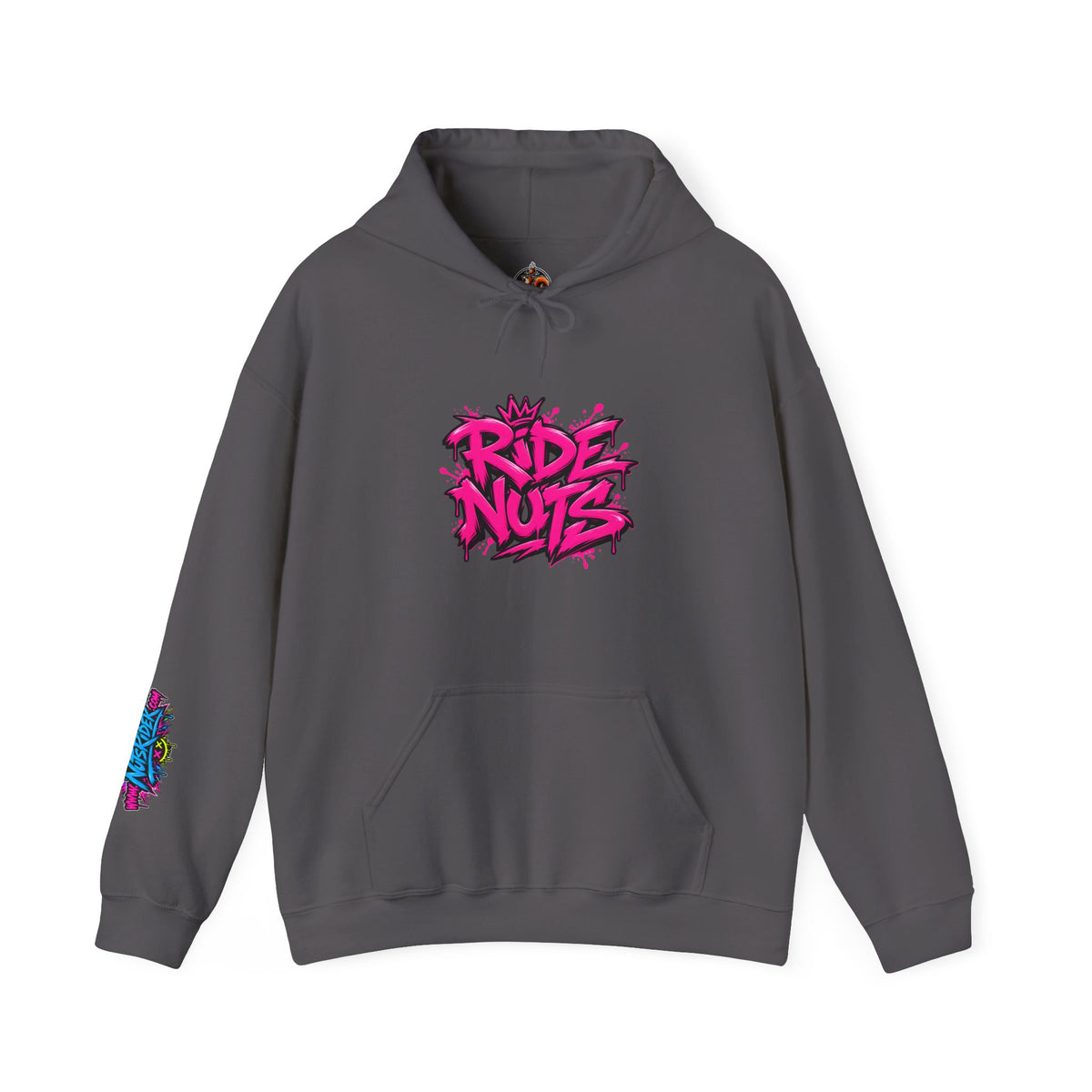 Ride Nuts Hoodie — Retro Graffiti Motorcycle Cartoon Pullover ("Ride Nuts Have Fun")