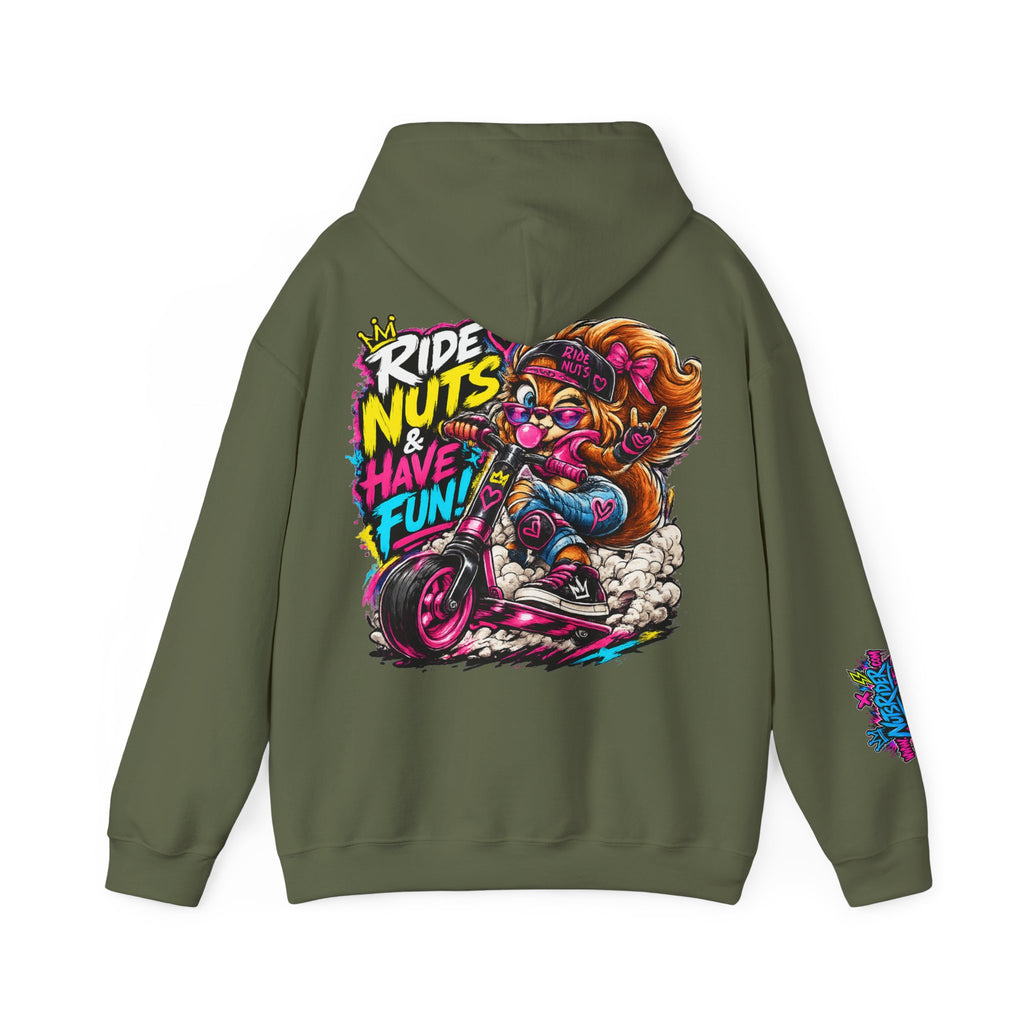 Ride Nuts Hoodie — Retro Graffiti Motorcycle Cartoon Pullover ("Ride Nuts Have Fun")