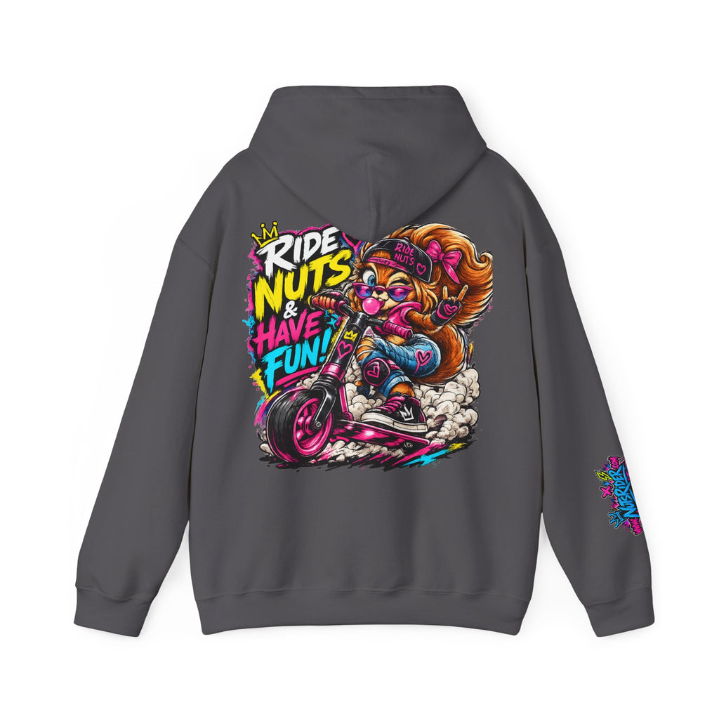 Ride Nuts Hoodie — Retro Graffiti Motorcycle Cartoon Pullover ("Ride Nuts Have Fun")