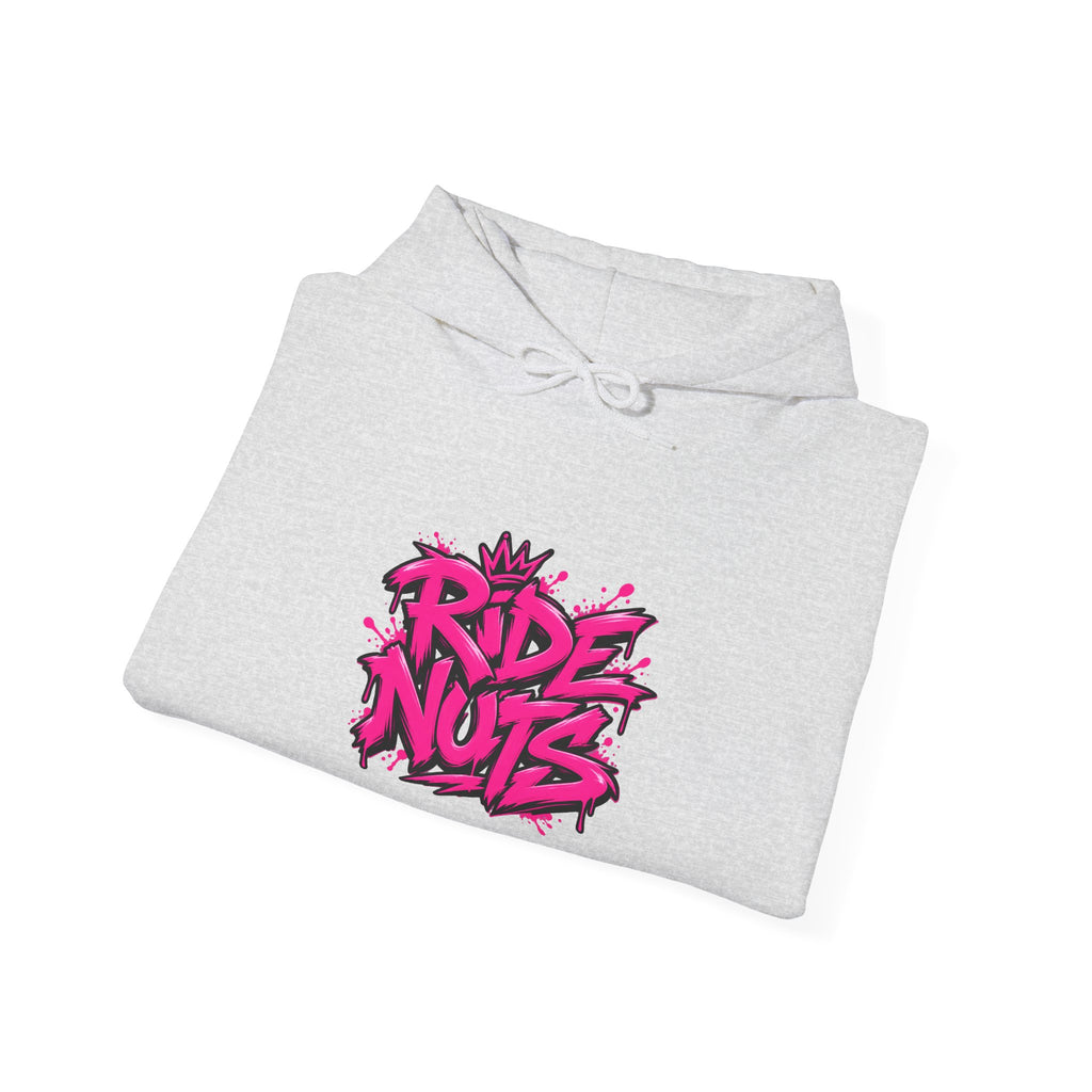 Ride Nuts Hoodie — Retro Graffiti Motorcycle Cartoon Pullover ("Ride Nuts Have Fun")