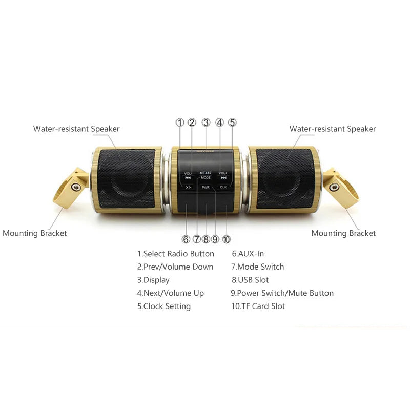 aut-parleur Bluetooth pour guidon – Vélo, trottinette et moto Scooter Motorcycle EDR Audio Speaker Water Resistant Motorbike Stereo FM Radio AUX USB