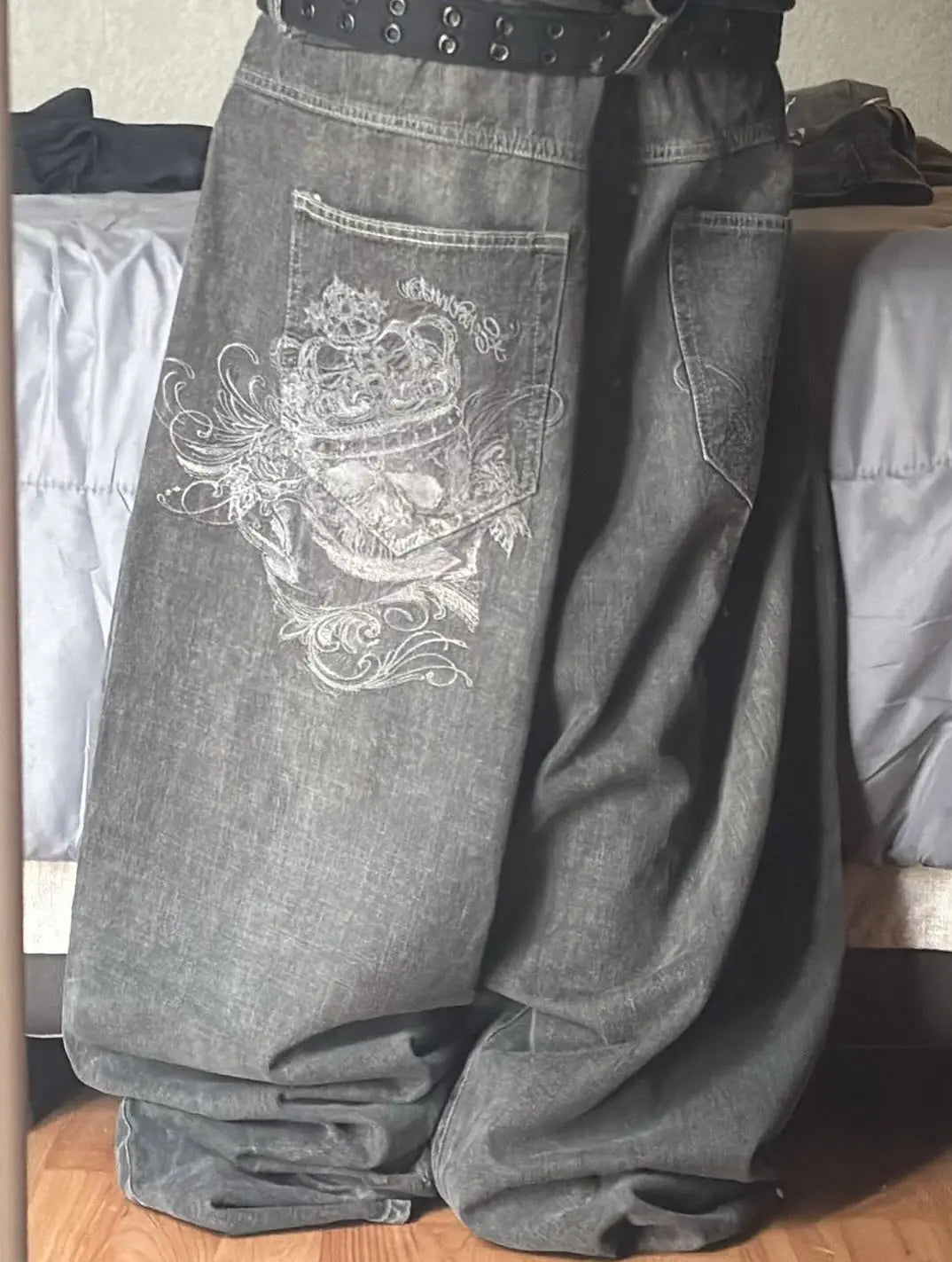 American Fashion Printing Jeans Hip Hop Baggy Cross-legged Jeans Grey Wash Straight Mop Pants Men and Women