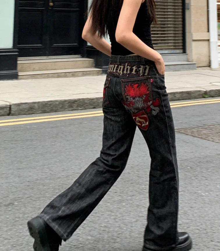 American Fashion Printing Jeans Hip Hop Baggy Cross-legged Jeans Grey Wash Straight Mop Pants Men and Women