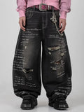 American Fashion Printing Jeans Hip Hop Baggy Cross-legged Jeans Grey Wash Straight Mop Pants Men and Women
