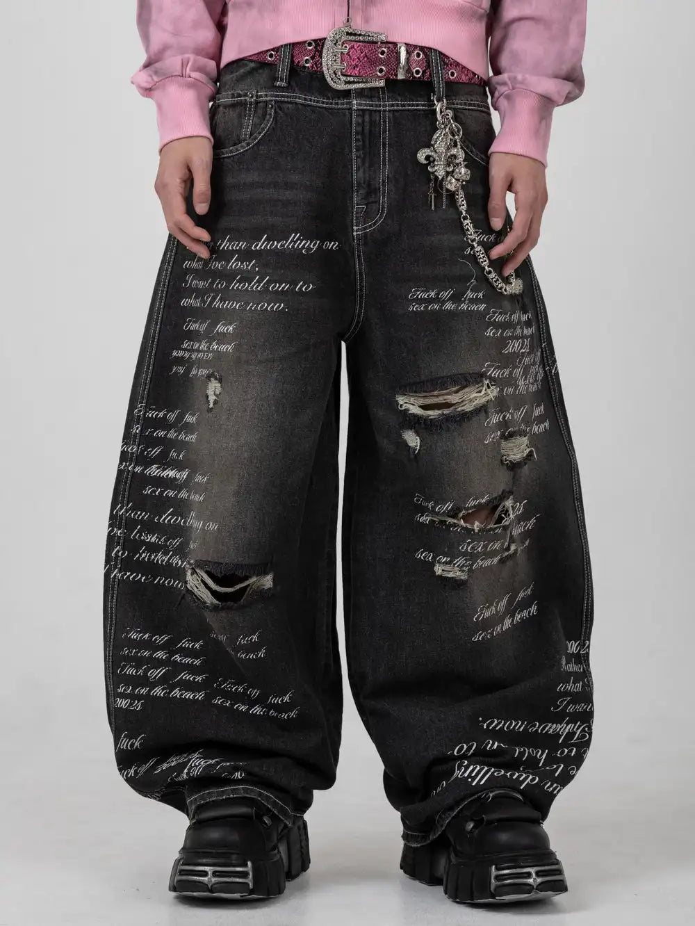 American Fashion Printing Jeans Hip Hop Baggy Cross-legged Jeans Grey Wash Straight Mop Pants Men and Women
