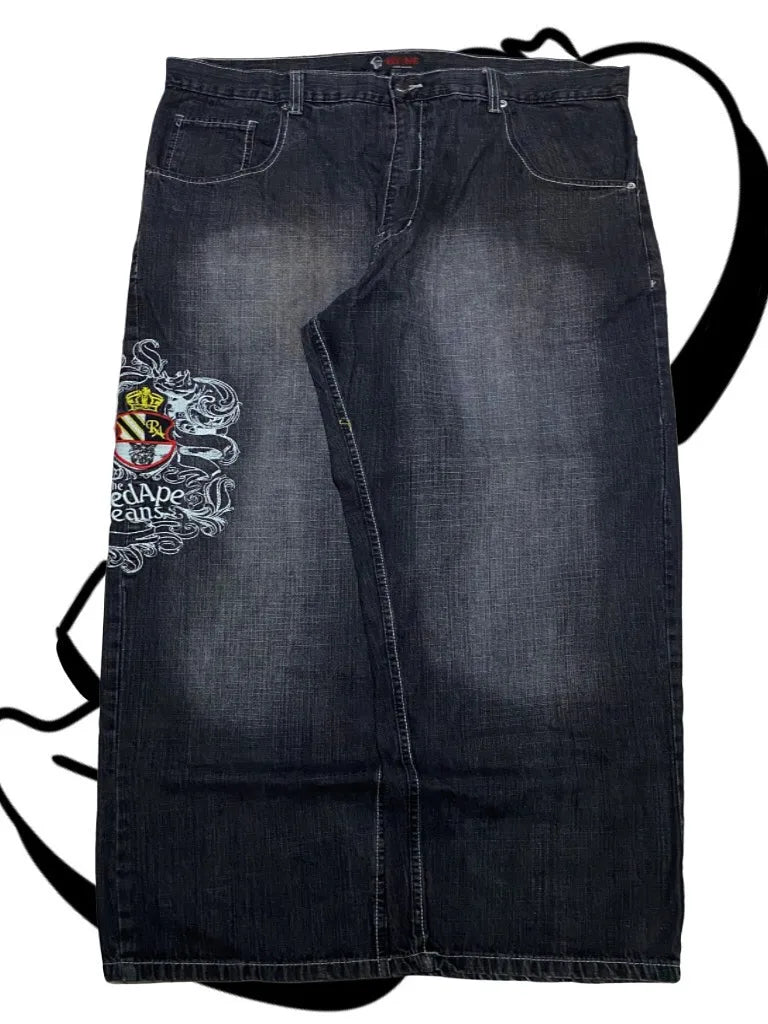 American Fashion Printing Jeans Hip Hop Baggy Cross-legged Jeans Grey Wash Straight Mop Pants Men and Women