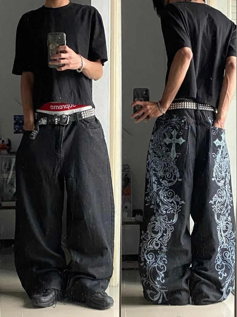American Fashion Printing Jeans Hip Hop Baggy Cross-legged Jeans Grey Wash Straight Mop Pants Men and Women