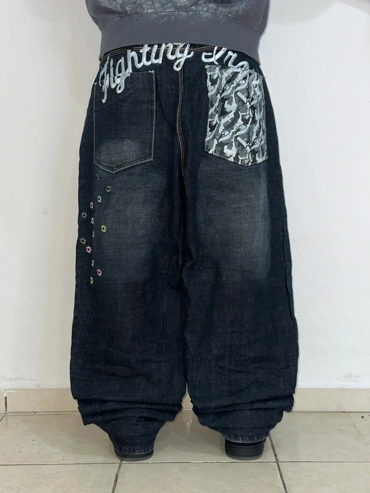 American Fashion Printing Jeans Hip Hop Baggy Cross-legged Jeans Grey Wash Straight Mop Pants Men and Women