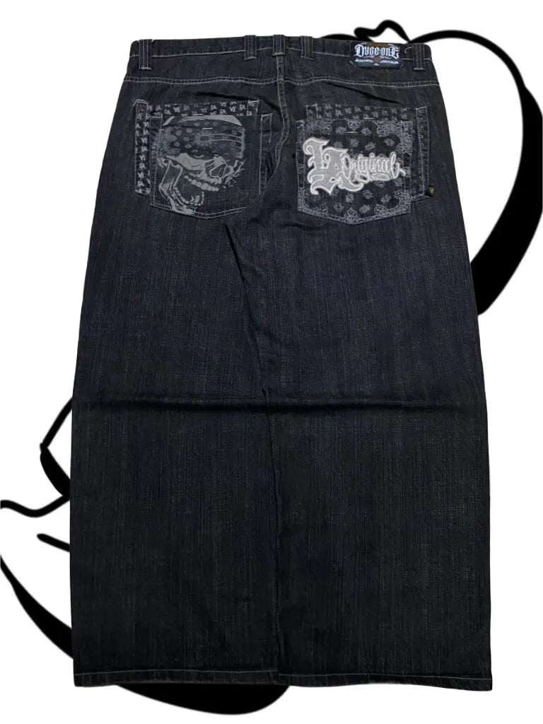 American Fashion Printing Jeans Hip Hop Baggy Cross-legged Jeans Grey Wash Straight Mop Pants Men and Women