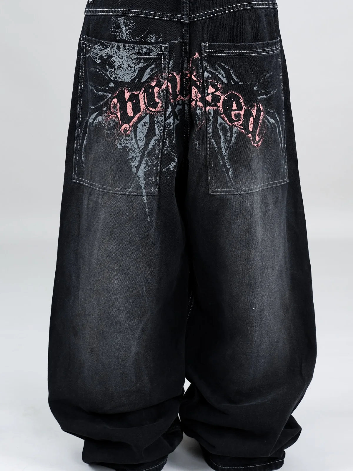 American Fashion Printing Jeans Hip Hop Baggy Cross-legged Jeans Grey Wash Straight Mop Pants Men and Women
