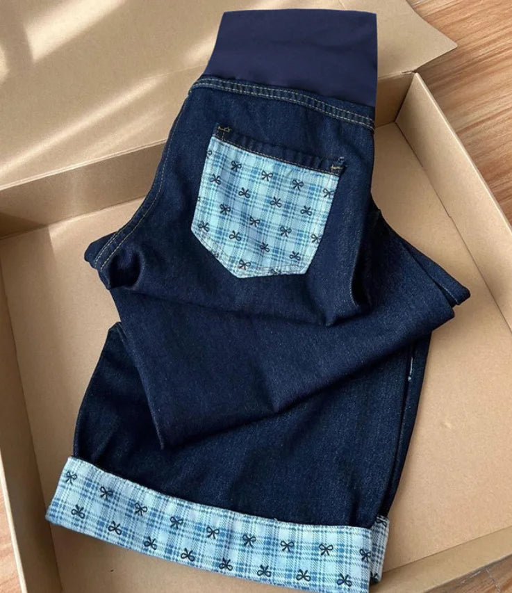 Maternity Jeans 2026 Spring Autumn High Waist Belly Support Slim Fit Loose Wide Leg Pants Bow Print Rolled Edge Straight Jeans