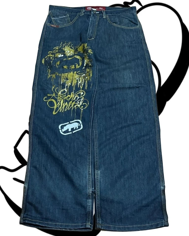 American Fashion Printing Jeans Hip Hop Baggy Cross-legged Jeans Grey Wash Straight Mop Pants Men and Women