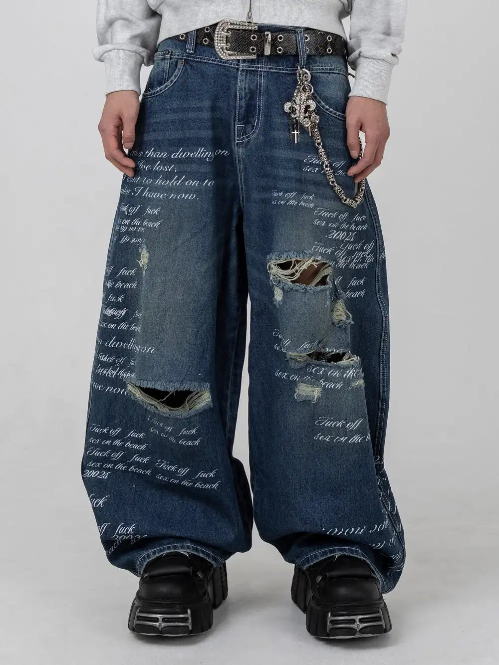 American Fashion Printing Jeans Hip Hop Baggy Cross-legged Jeans Grey Wash Straight Mop Pants Men and Women