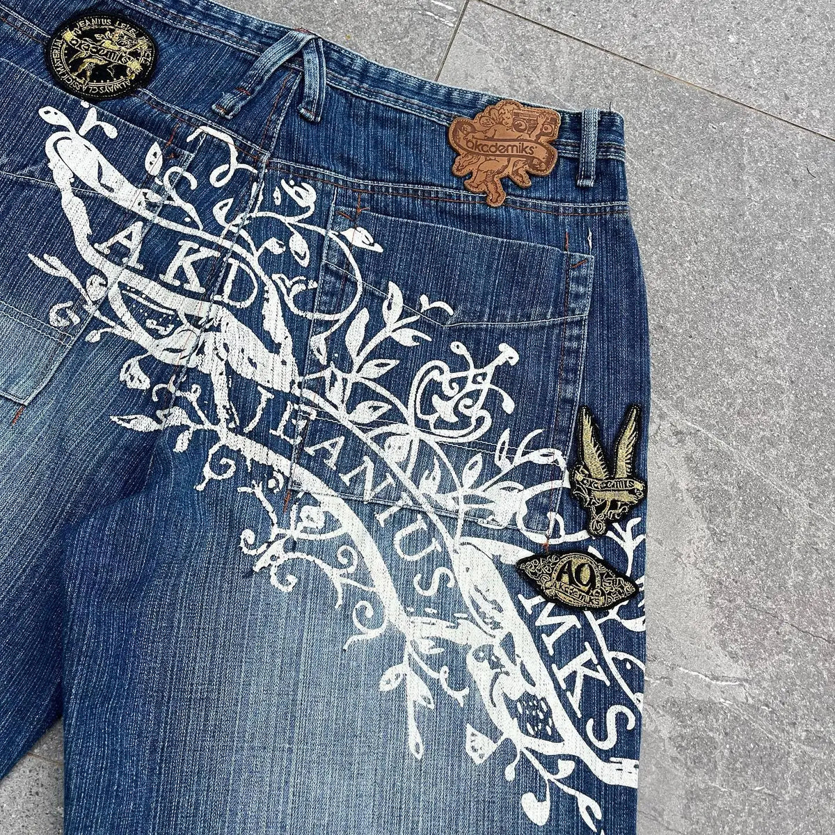 American Fashion Printing Jeans Hip Hop Baggy Cross-legged Jeans Grey Wash Straight Mop Pants Men and Women