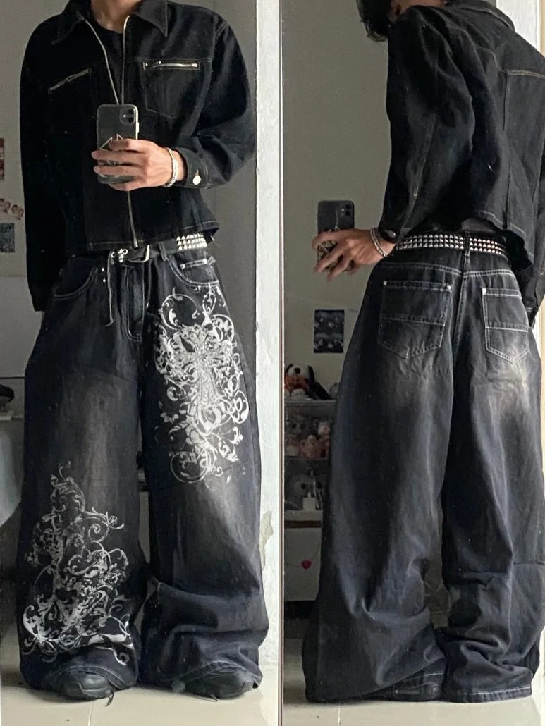 American Fashion Printing Jeans Hip Hop Baggy Cross-legged Jeans Grey Wash Straight Mop Pants Men and Women
