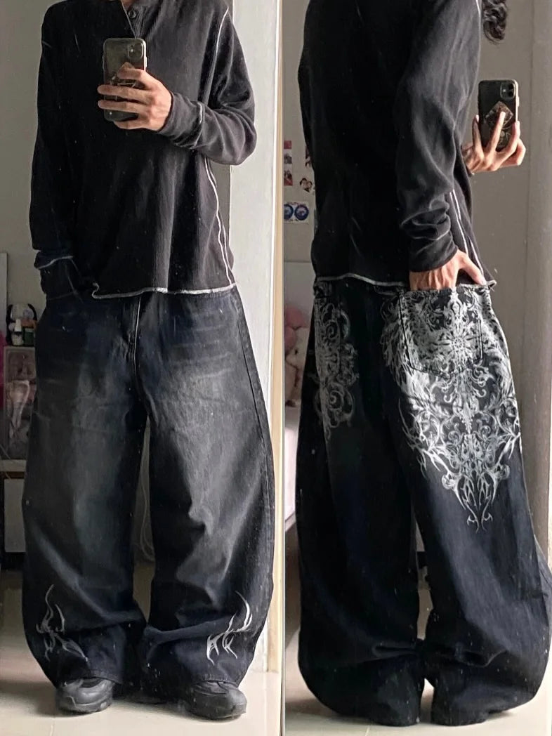 American Fashion Printing Jeans Hip Hop Baggy Cross-legged Jeans Grey Wash Straight Mop Pants Men and Women