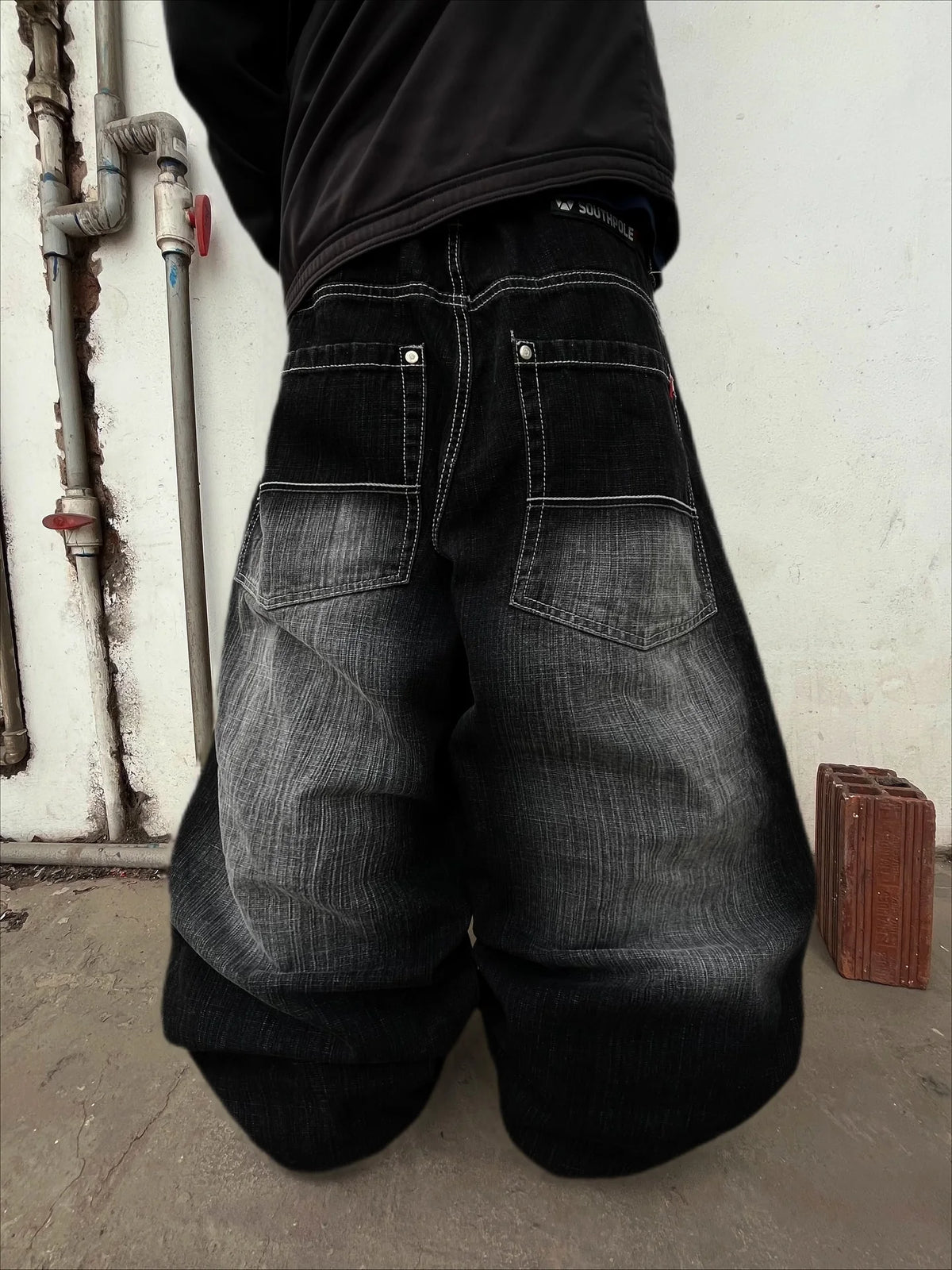 American Fashion Printing Jeans Hip Hop Baggy Cross-legged Jeans Grey Wash Straight Mop Pants Men and Women