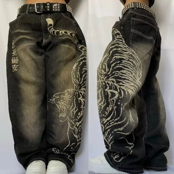 American Fashion Printing Jeans Hip Hop Baggy Cross-legged Jeans Grey Wash Straight Mop Pants Men and Women