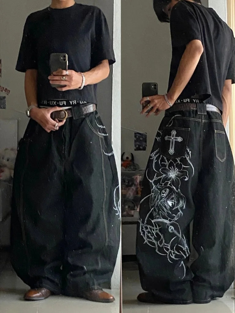 American Fashion Printing Jeans Hip Hop Baggy Cross-legged Jeans Grey Wash Straight Mop Pants Men and Women