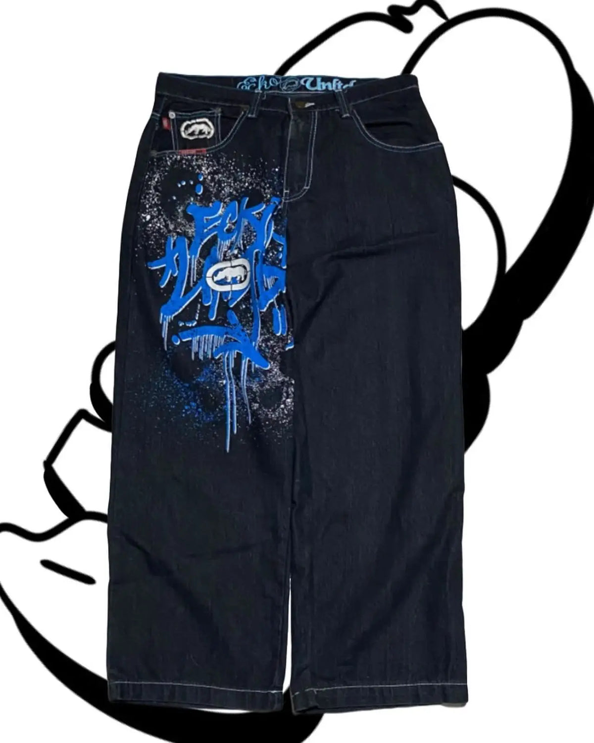 American Fashion Printing Jeans Hip Hop Baggy Cross-legged Jeans Grey Wash Straight Mop Pants Men and Women