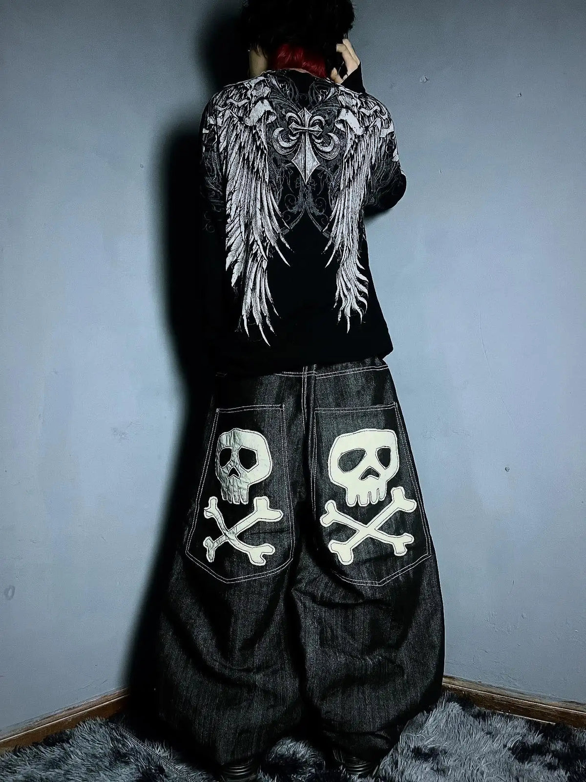 American Fashion Printing Jeans Hip Hop Baggy Cross-legged Jeans Grey Wash Straight Mop Pants Men and Women