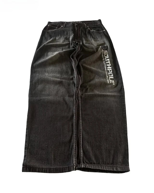 American Fashion Printing Jeans Hip Hop Baggy Cross-legged Jeans Grey Wash Straight Mop Pants Men and Women