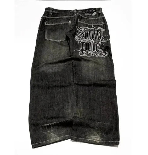 American Fashion Printing Jeans Hip Hop Baggy Cross-legged Jeans Grey Wash Straight Mop Pants Men and Women