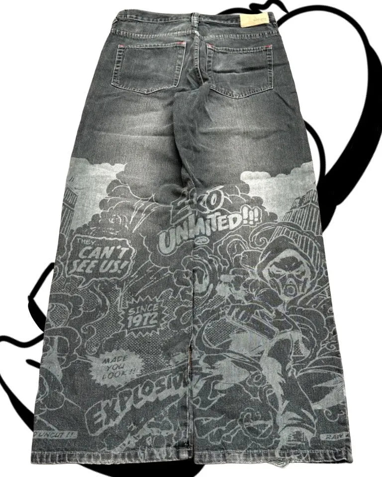 American Fashion Printing Jeans Hip Hop Baggy Cross-legged Jeans Grey Wash Straight Mop Pants Men and Women