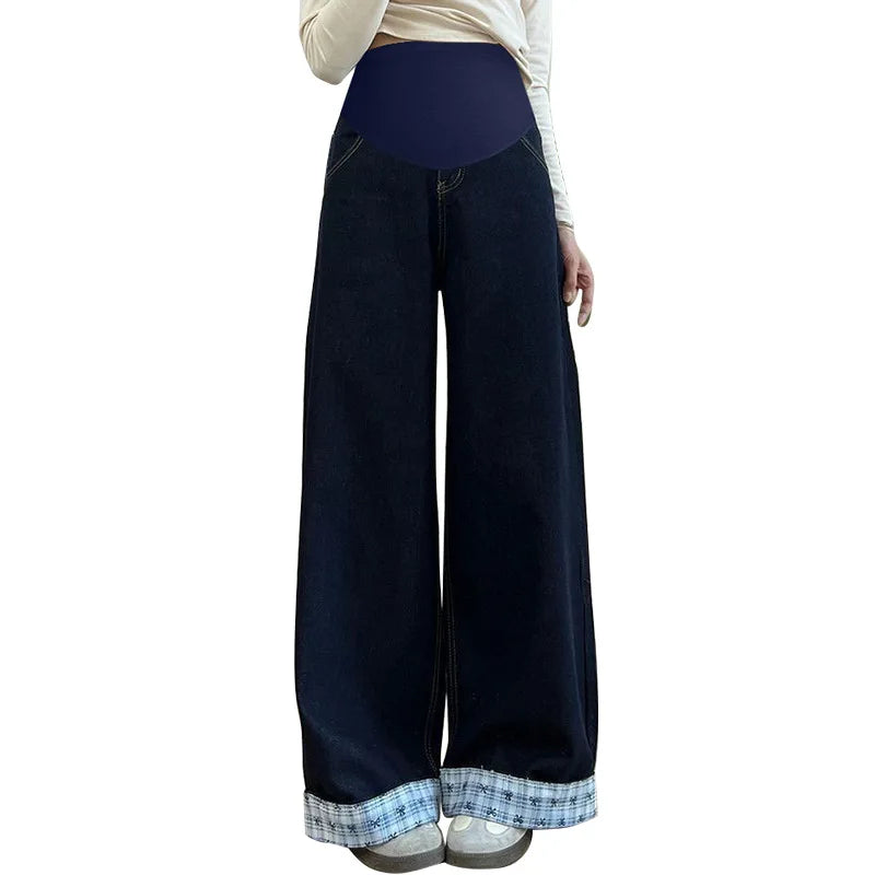 Maternity Jeans 2026 Spring Autumn High Waist Belly Support Slim Fit Loose Wide Leg Pants Bow Print Rolled Edge Straight Jeans