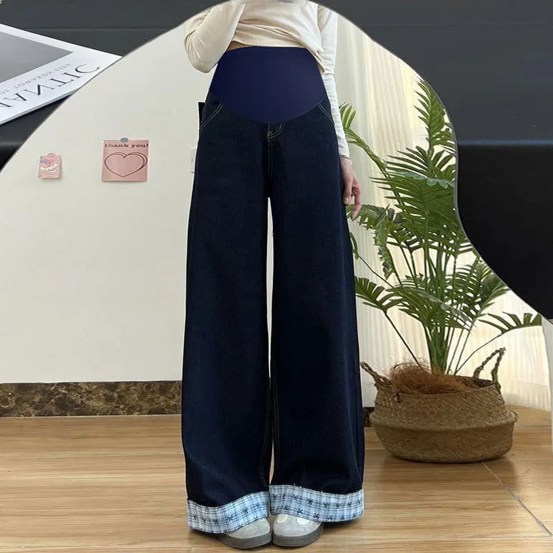 Maternity Jeans 2026 Spring Autumn High Waist Belly Support Slim Fit Loose Wide Leg Pants Bow Print Rolled Edge Straight Jeans