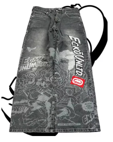 American Fashion Printing Jeans Hip Hop Baggy Cross-legged Jeans Grey Wash Straight Mop Pants Men and Women