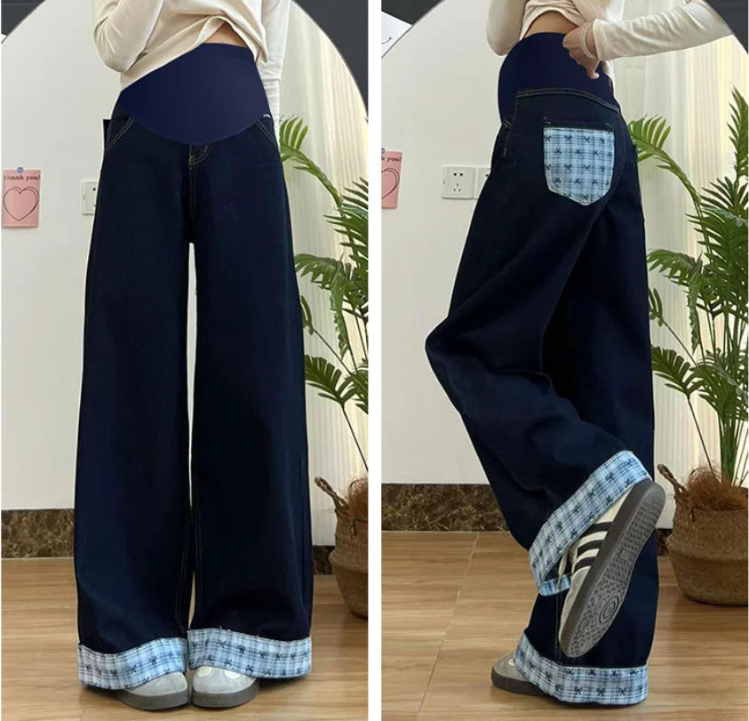 Maternity Jeans 2026 Spring Autumn High Waist Belly Support Slim Fit Loose Wide Leg Pants Bow Print Rolled Edge Straight Jeans