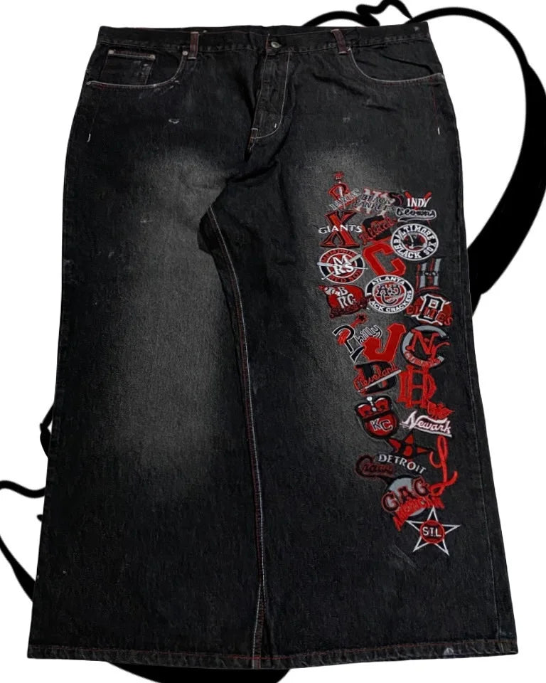 American Fashion Printing Jeans Hip Hop Baggy Cross-legged Jeans Grey Wash Straight Mop Pants Men and Women