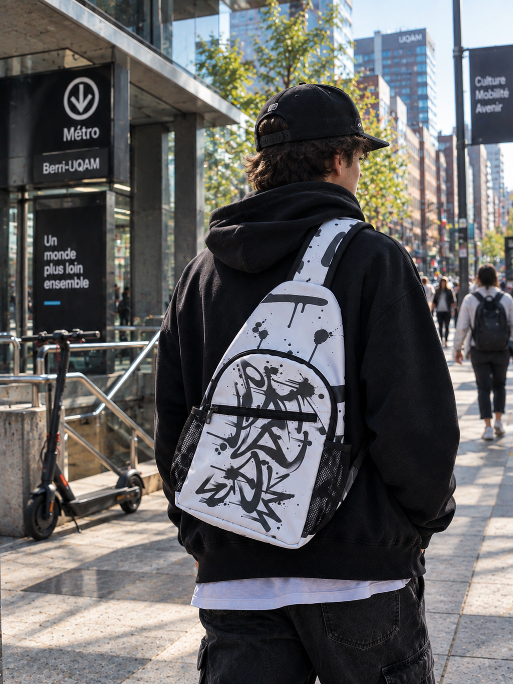 Graffiti Print Chest Bag — Urban Sling Bag with Black Spray-Paint Design