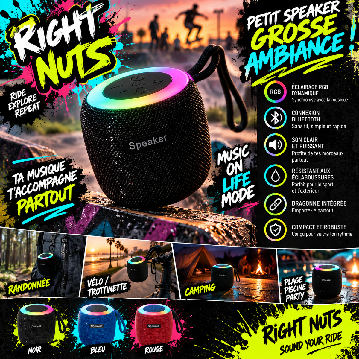 Mini haut-parleur Bluetooth RGB portable avec dragonne